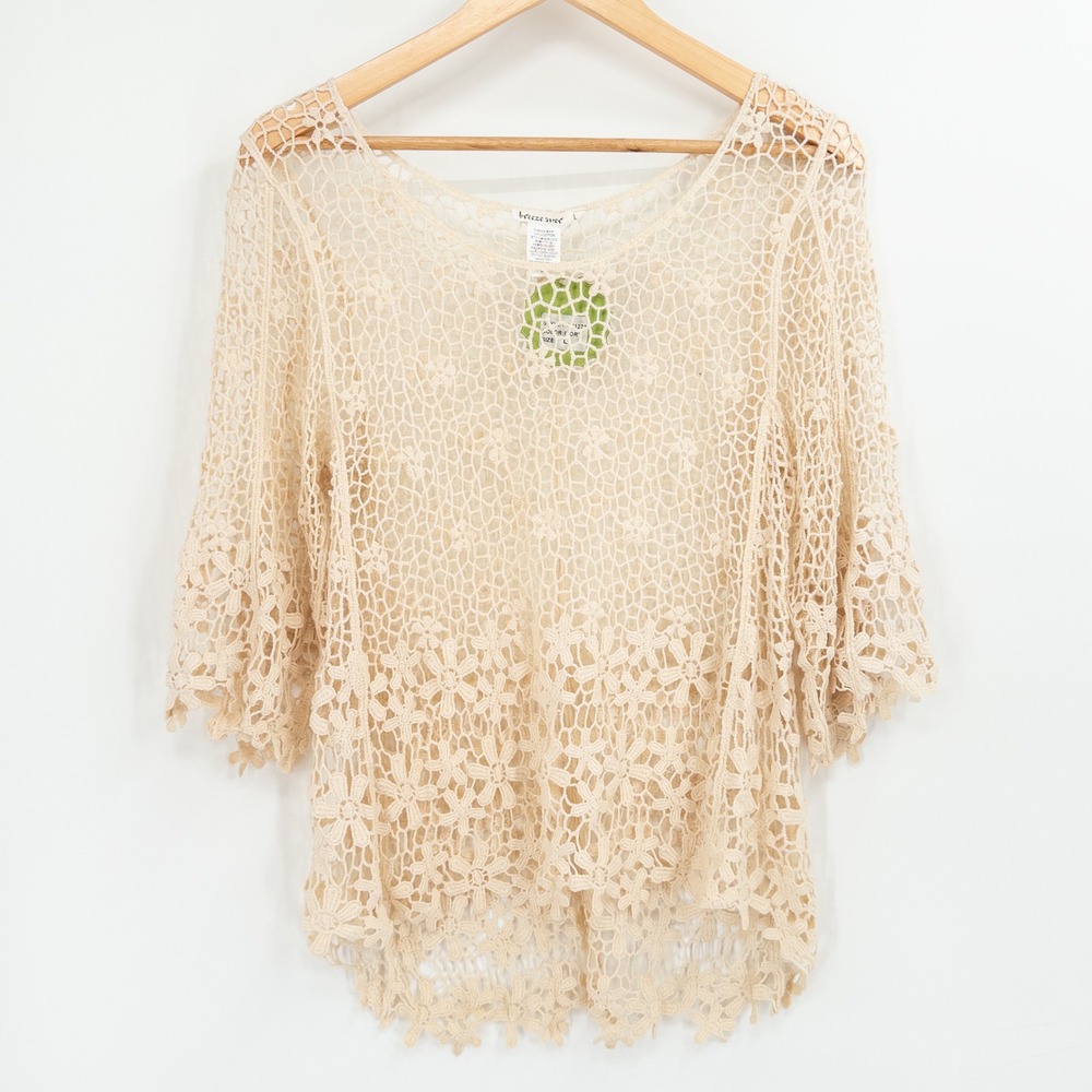 Boho Crochet Top NWT Womens L Ivory Floral Sheer Romantic Y2K Coverup Cream